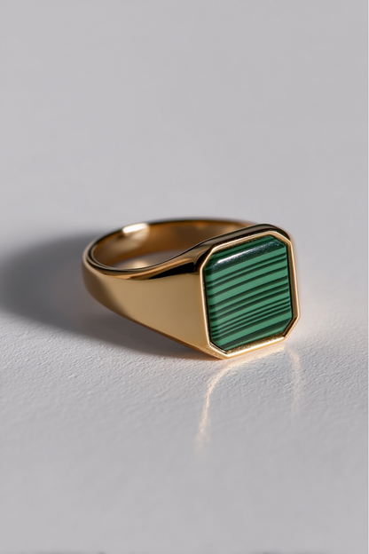 Men’s Green Malachite Signet Ring, Gold-Plated Steel — Malachio