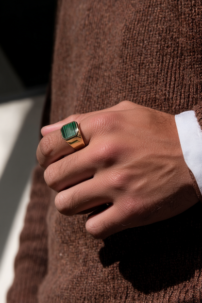 Men’s Green Malachite Signet Ring, Gold-Plated Steel — Malachio