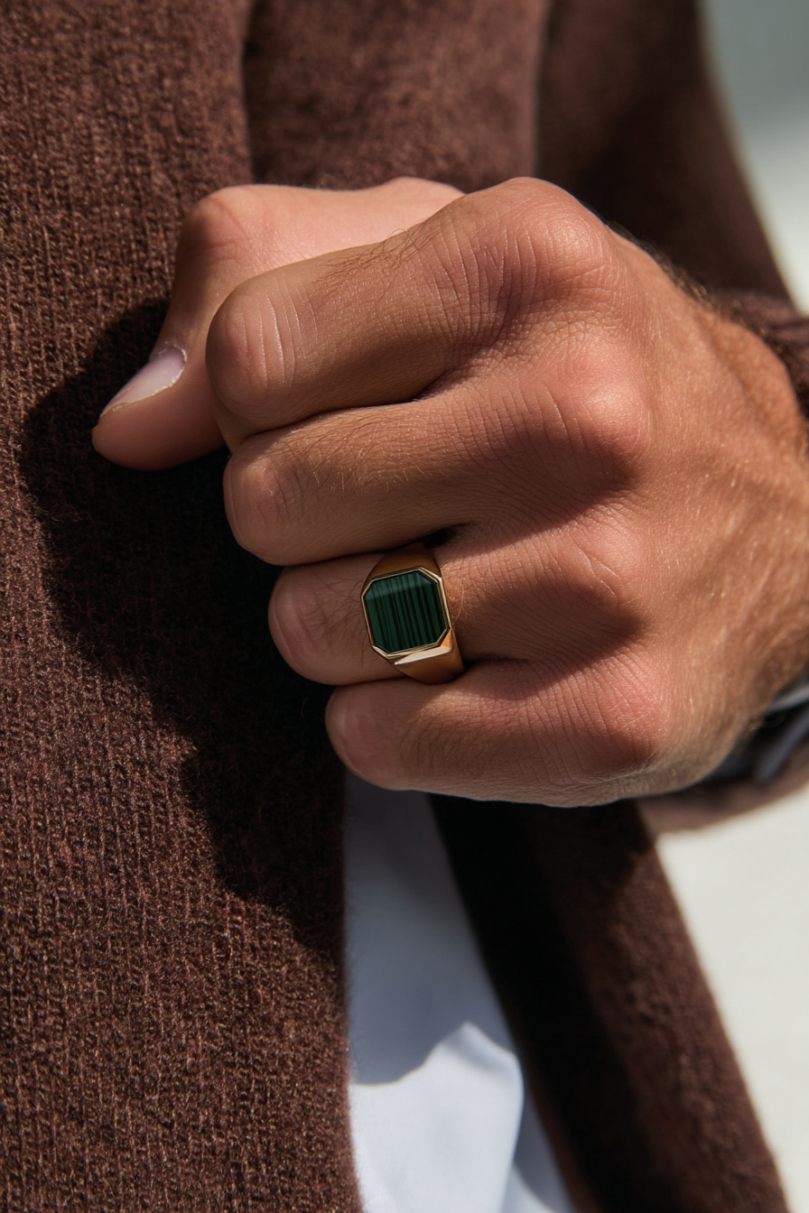 Men’s Green Malachite Signet Ring, Gold-Plated Steel — Malachio