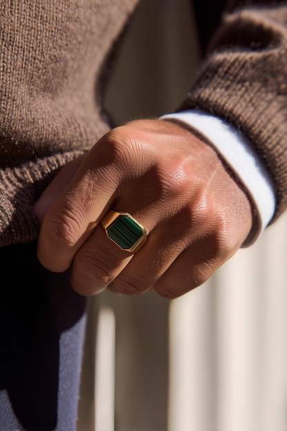 Men’s Green Malachite Signet Ring, Gold-Plated Steel — Malachio