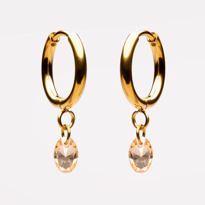 Oval Rose-Tone Stone Drop Hoop Earrings