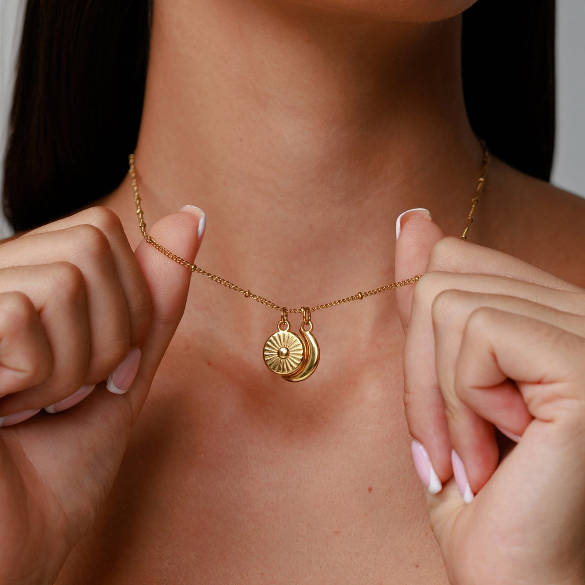 Sun and Crescent Moon Necklace, Steel