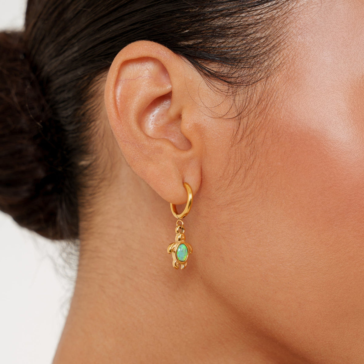 Opal Sea Turtle Charm Hoop Earrings, Gold PVD Steel