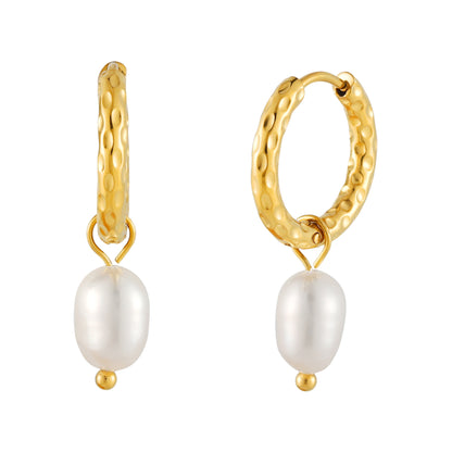 Hammered Pearl Hoop Earrings, 12 mm