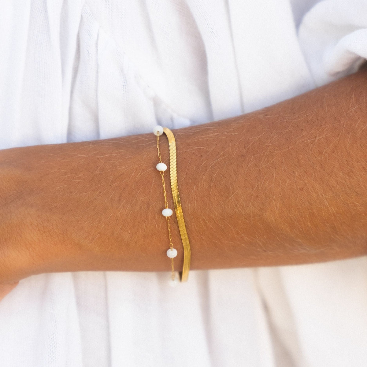 Herringbone and Pearl Layered Bracelet — Santorini
