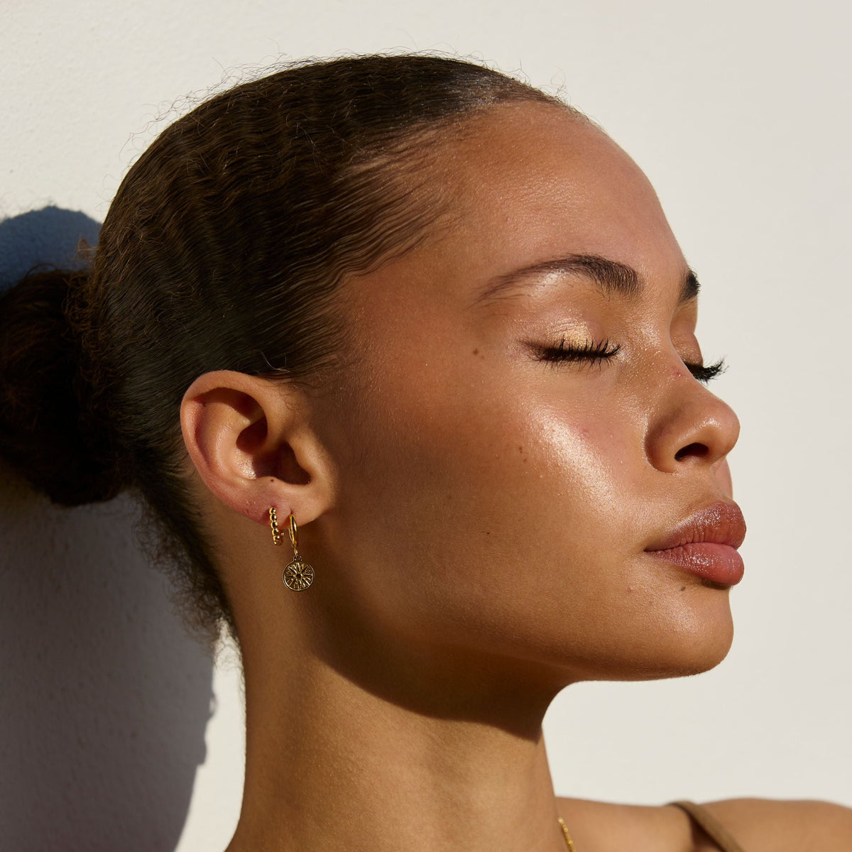 Sun Disc Charm Hoop Earrings, 8 mm
