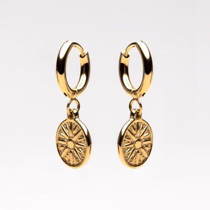 Sun Disc Charm Hoop Earrings, 8 mm