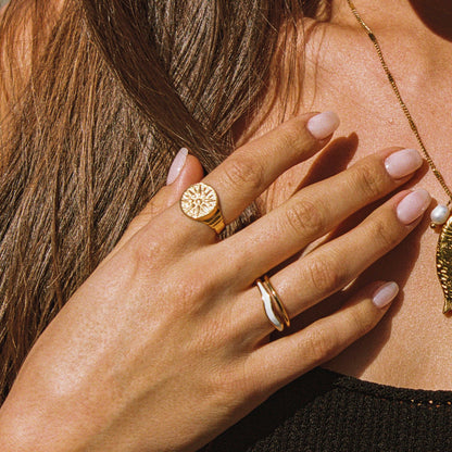 Engraved Sun Disc Signet Ring, Steel