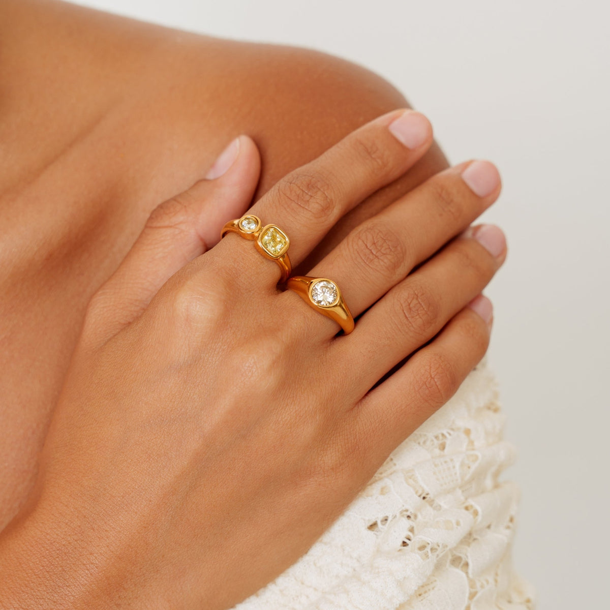 Yellow Zircon Two-Stone Swirl Ring, Stainless Steel — Zesty