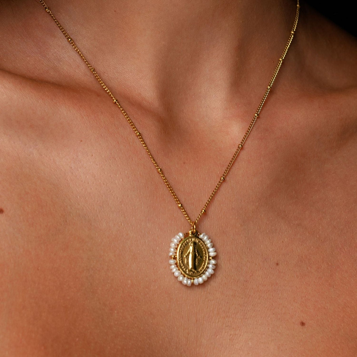 Virgin Mary Pearl Medallion Necklace — Grace