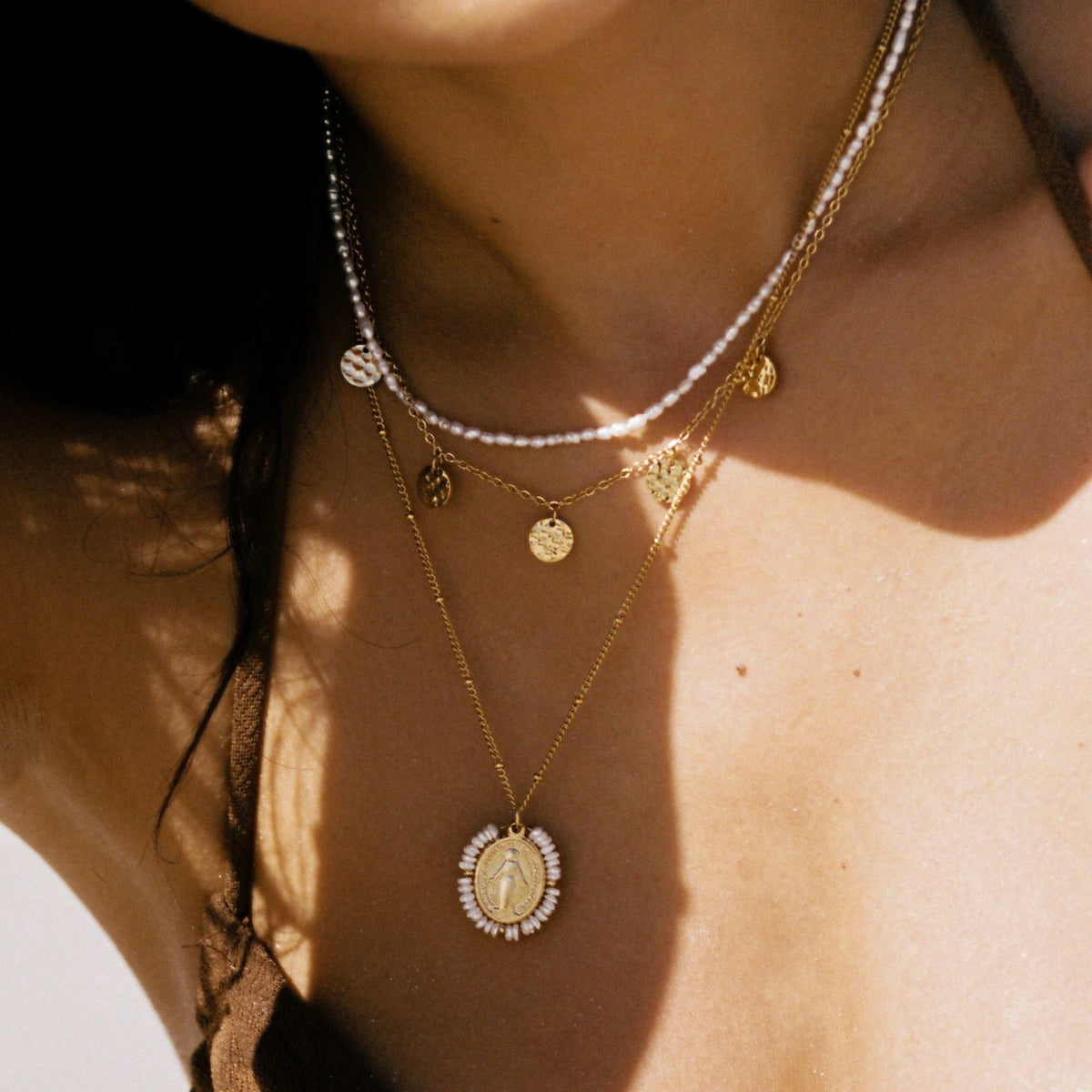 Virgin Mary Pearl Medallion Necklace — Grace