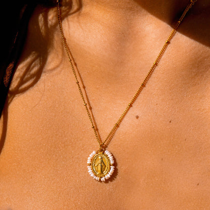 Virgin Mary Pearl Medallion Necklace — Grace