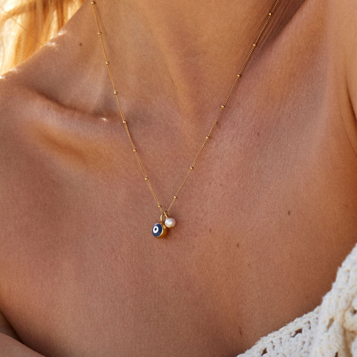 Blue Evil Eye and Pearl Necklace, 45 cm