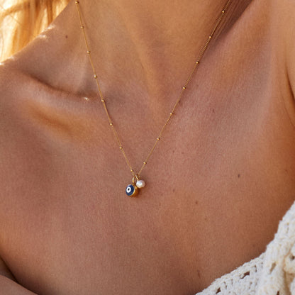 Blue Evil Eye and Pearl Necklace, 45 cm