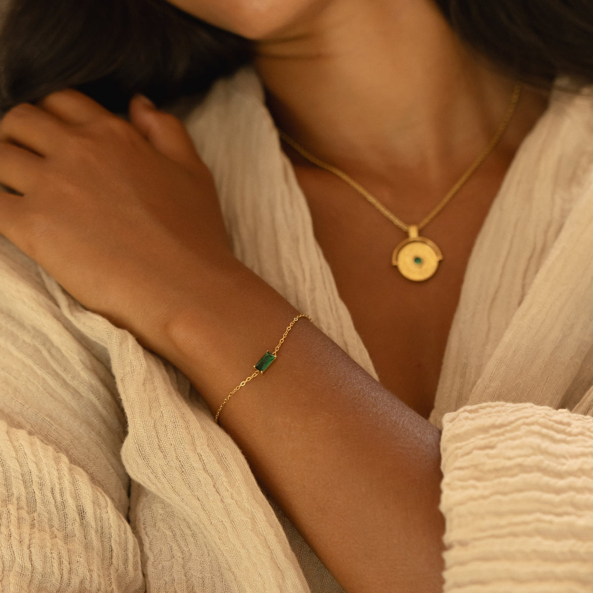 Emerald-Cut Green Stone Chain Bracelet