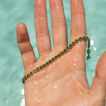 Green Bezel-Set Tennis Bracelet, Adjustable Steel Chain