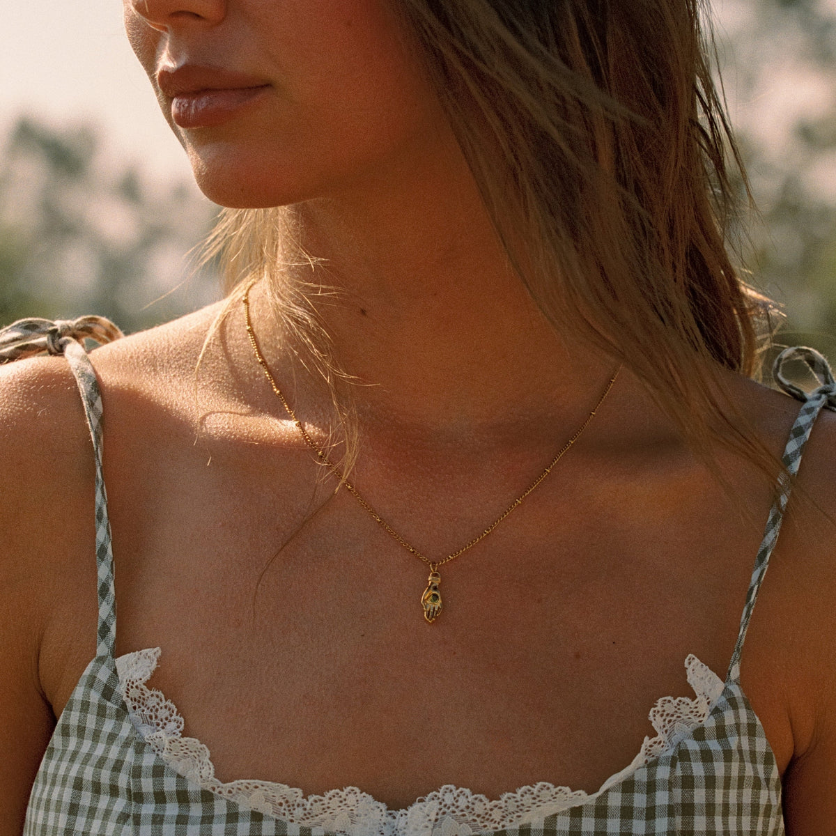 Hand Pendant Necklace with Green Zircon