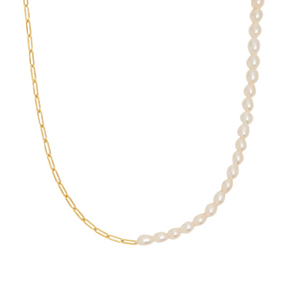 Half Pearl and Paperclip Necklace, 39 cm — Mykonos