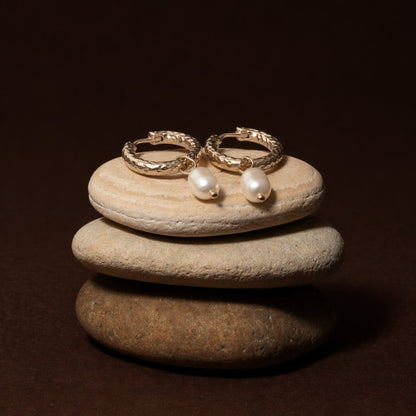 Hammered Pearl Hoop Earrings, 12 mm