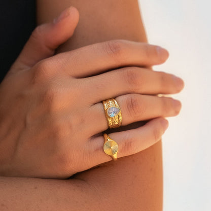 Hammered Pear Zircon Ring, Steel — Odyssey