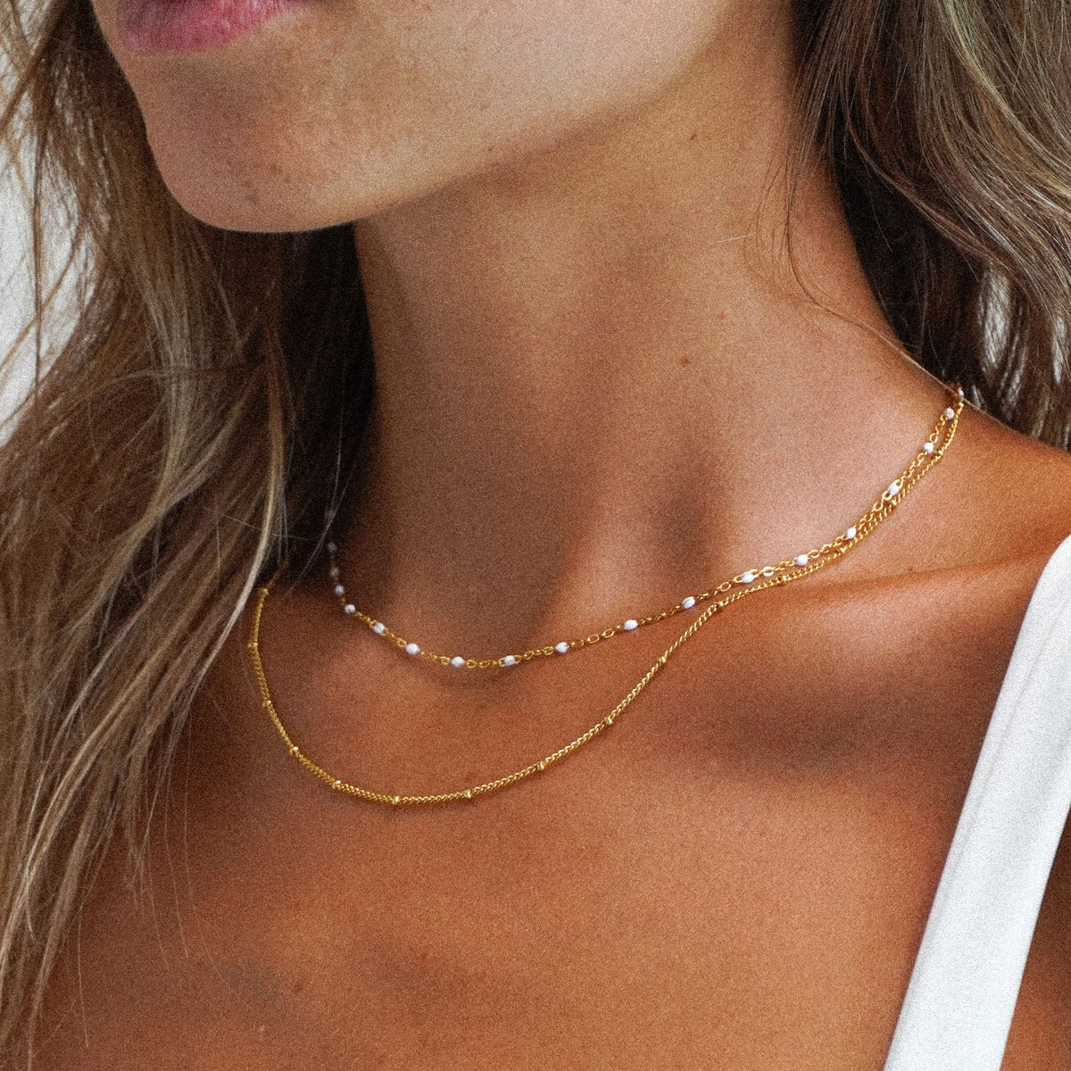 White Enamel Double Layer Choker, 40 cm