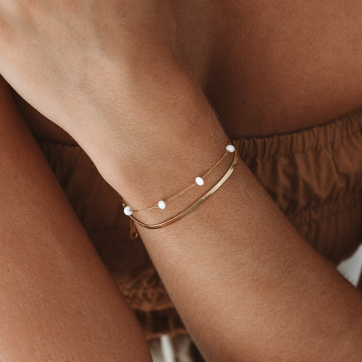 Herringbone and Pearl Layered Bracelet — Santorini