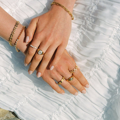 Lemon Detail Zircon Band Ring, 4 mm, Gold PVD Steel