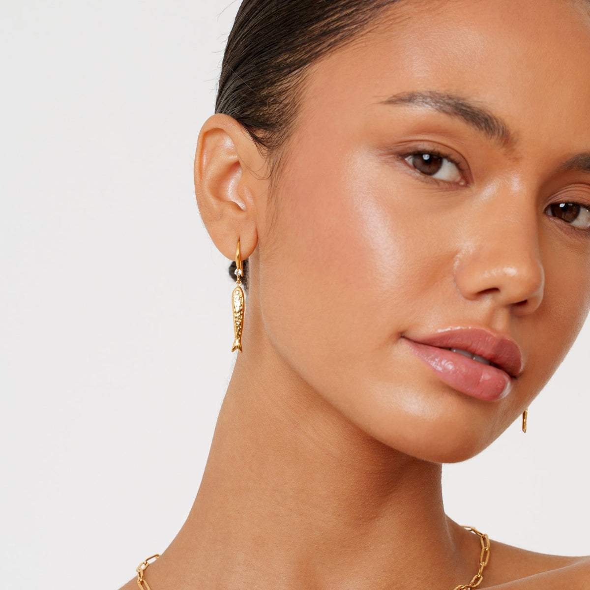 Fish Drop Hook Earrings, 29 mm, Gold PVD Steel