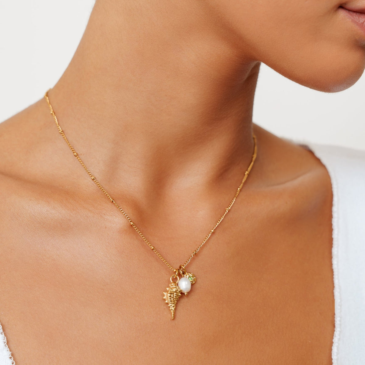 Shell, Pearl and Green Charm Necklace — Ocean