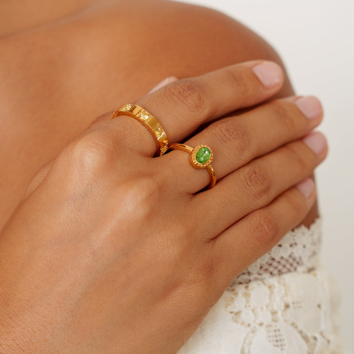 Green Glass Oval Ring, Gold PVD Steel — Olivia