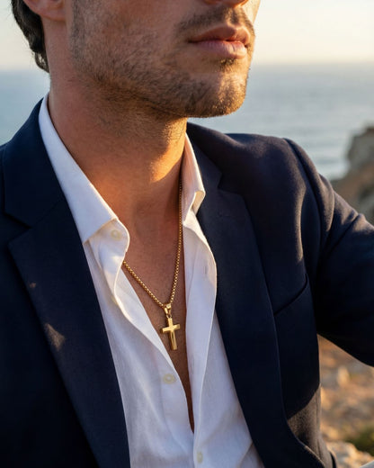 Minimal Cross Pendant Necklace, 18K Gold-Plated Steel