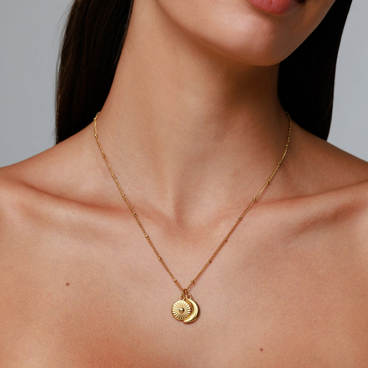 Sun and Crescent Moon Necklace, Steel