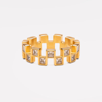 Geometric Zircon Band Ring, Gold PVD Steel — Mosaic