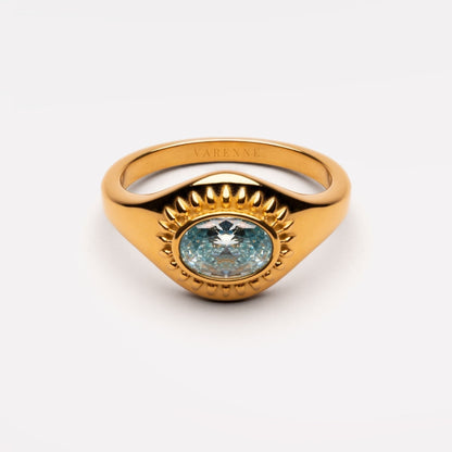 Blue Zircon Sunburst Ring, Steel — Aegean