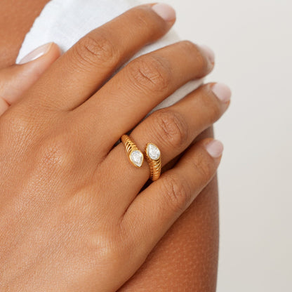Two Pear Zircon Open Ring, Steel — Naya