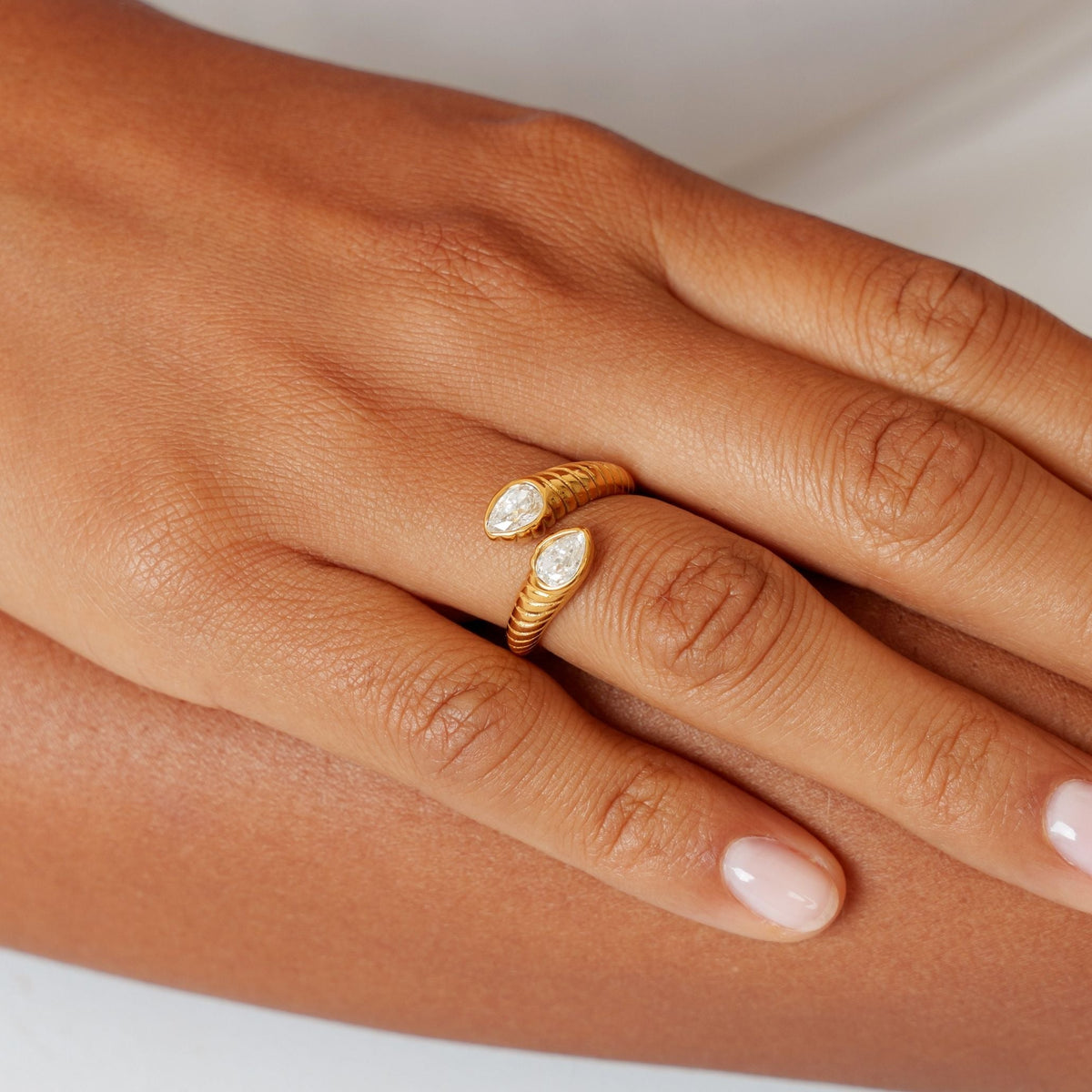 Two Pear Zircon Open Ring, Steel — Naya