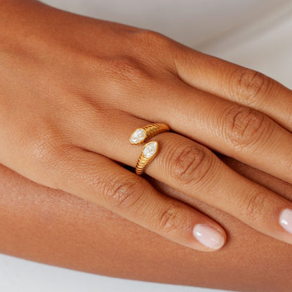Two Pear Zircon Open Ring, Steel — Naya