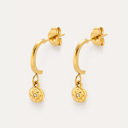 North Star Charm Earrings, White Zircon, Gold PVD Steel