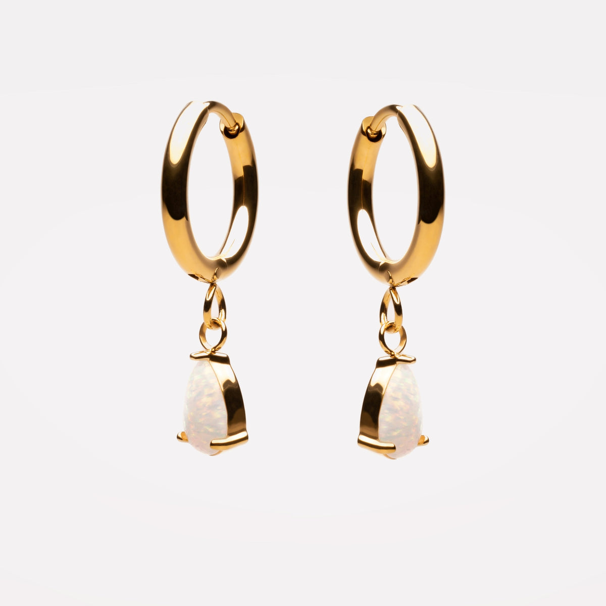 Opal Teardrop Huggie Hoop Earrings, Steel