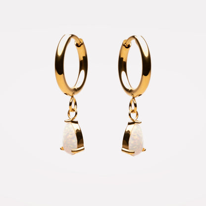 Opal Teardrop Huggie Hoop Earrings, Steel