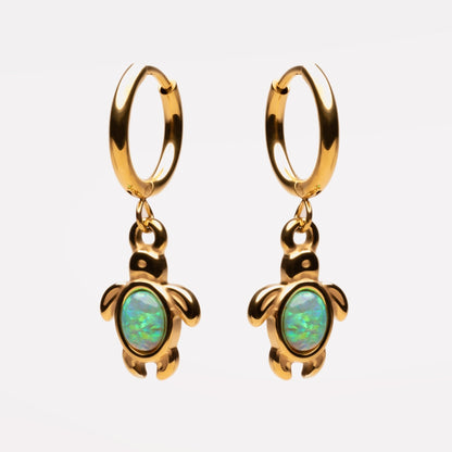 Opal Sea Turtle Charm Hoop Earrings, Gold PVD Steel