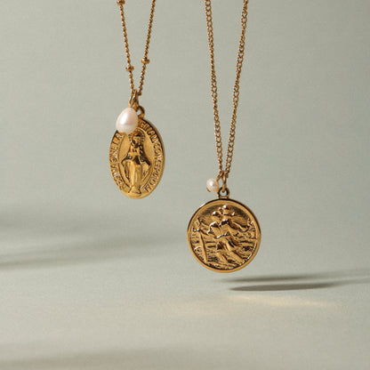 Saint Christopher Coin Necklace with Pearl