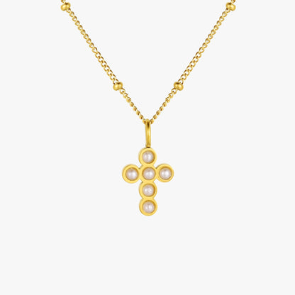 Glass Pearl Cross Necklace, 15 mm