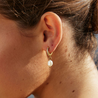 Freshwater Pearl Drop Hoop Earrings, 13 mm