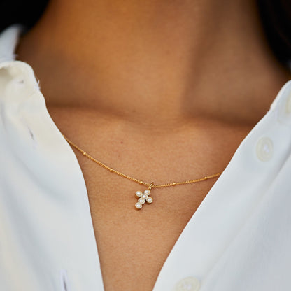 Glass Pearl Cross Necklace, 15 mm