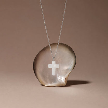 Mother-of-Pearl Cross Necklace, Stainless Steel