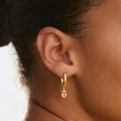 Oval Rose-Tone Stone Drop Hoop Earrings