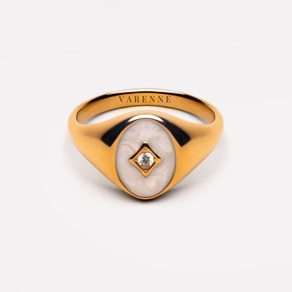 White Enamel and Zircon Signet Ring, Gold PVD Steel — Polar