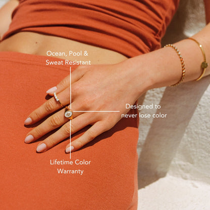 White Enamel and Zircon Signet Ring, Gold PVD Steel — Polar