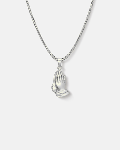 Praying Hands Pendant Necklace, Silver-Plated Steel